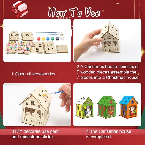 Fennoral 7 حزمة خشبية عيد الميلاد منزل الحرفية عدة للأطفال تجعلك تملك 3D عيد الميلاد منزل عدة DIY الطلاء عيد الميلاد DIY الفن الحرفية لعيد الميلاد الفن Projiect عيد الميلاد حزب الديكور in Kuwait