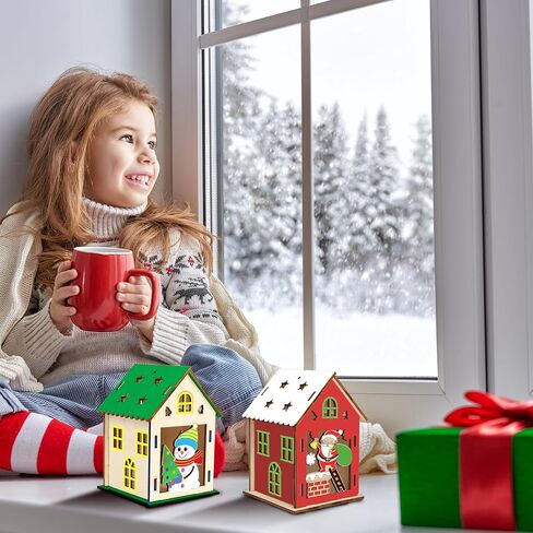 Fennoral 7 حزمة خشبية عيد الميلاد منزل الحرفية عدة للأطفال تجعلك تملك 3D عيد الميلاد منزل عدة DIY الطلاء عيد الميلاد DIY الفن الحرفية لعيد الميلاد الفن Projiect عيد الميلاد حزب الديكور in Kuwait