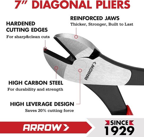 ARROW 7" High Leverage Diagonal Cutting Pliers, Heavy Duty Wire Cutters with Comfortable Grip, Side Cutters for Cutting Wires in Kuwait