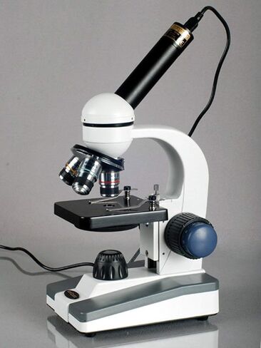 AmScope M150C-PB10-WM مجهر أحادي مركب، عدسات WF10x وWF25x، تكبير 40x-1000x، إضاءة LED، برايتفيلد، مكثف أحادي العدسة، تركيز محوري خشن ودقيق، مرحلة عادية، 110 فولت، تتضمن 5 شرائح فارغة، 5 شرائح جاهزة، ان in Saudi Arabia