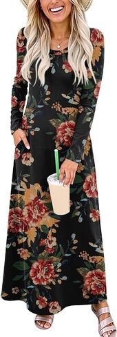 Women's Long Sleeve Maxi Dresses Crewneck Long Casual Basic Dresses with Pockets in Kuwait