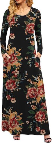 Women's Long Sleeve Maxi Dresses Crewneck Long Casual Basic Dresses with Pockets in Kuwait