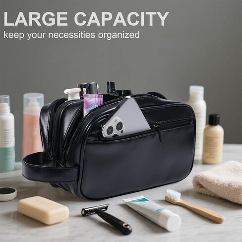 Mens travel toiletry bag, Gift For Men，PU Leather Water Resistant Cosmetic Bag Dopp Kit Shaving Pouch with Large Capacity for Toiletries Accessories(Black) in Saudi Arabia