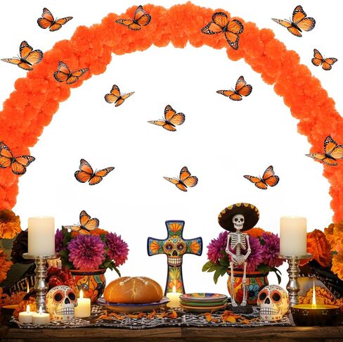 26pcs Day of The Dead Marigold Arch Set Includes Artificial Marigold Garland Arch 2 Fixing Brackets Plastic Ties and Simulated Monarch Butterfly for Day of The Dead Altar Table Decoration in Saudi Arabia