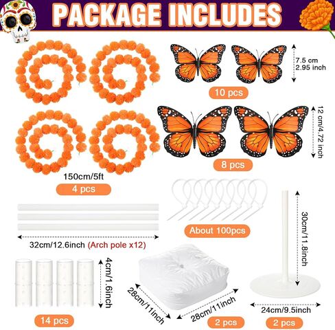 26pcs Day of The Dead Marigold Arch Set Includes Artificial Marigold Garland Arch 2 Fixing Brackets Plastic Ties and Simulated Monarch Butterfly for Day of The Dead Altar Table Decoration in Saudi Arabia