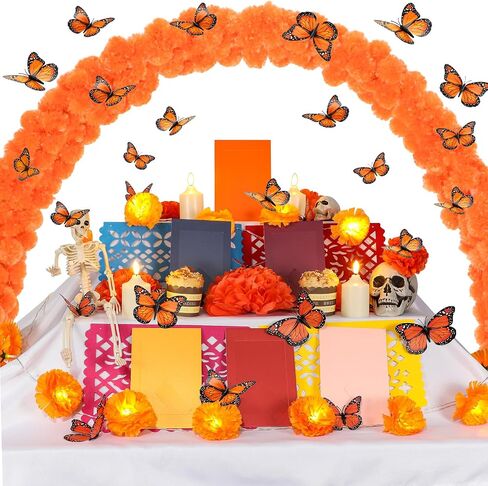 26pcs Day of The Dead Marigold Arch Set Includes Artificial Marigold Garland Arch 2 Fixing Brackets Plastic Ties and Simulated Monarch Butterfly for Day of The Dead Altar Table Decoration in Saudi Arabia