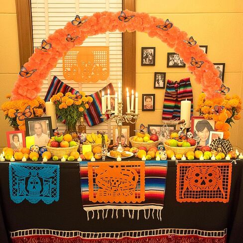 26pcs Day of The Dead Marigold Arch Set Includes Artificial Marigold Garland Arch 2 Fixing Brackets Plastic Ties and Simulated Monarch Butterfly for Day of The Dead Altar Table Decoration in Saudi Arabia