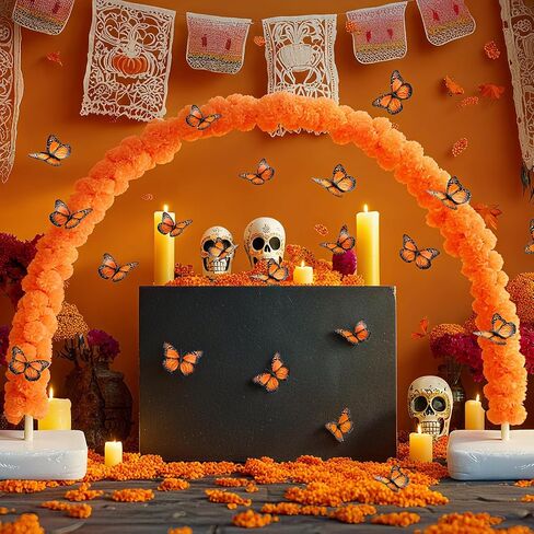 26pcs Day of The Dead Marigold Arch Set Includes Artificial Marigold Garland Arch 2 Fixing Brackets Plastic Ties and Simulated Monarch Butterfly for Day of The Dead Altar Table Decoration in Saudi Arabia