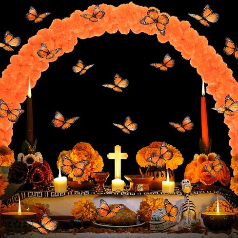 26pcs Day of The Dead Marigold Arch Set Includes Artificial Marigold Garland Arch 2 Fixing Brackets Plastic Ties and Simulated Monarch Butterfly for Day of The Dead Altar Table Decoration in Saudi Arabia