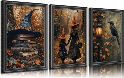 3pcs Halloween Canvas Wall Art Autumn Gothic Witch Books Crow Posters Prints Dark Academia Witch Wall Decor Pictures for Halloween Party House Decoration Unframed in Saudi Arabia