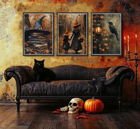 3pcs Halloween Canvas Wall Art Autumn Gothic Witch Books Crow Posters Prints Dark Academia Witch Wall Decor Pictures for Halloween Party House Decoration Unframed in Saudi Arabia