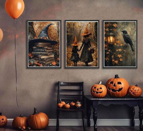 3pcs Halloween Canvas Wall Art Autumn Gothic Witch Books Crow Posters Prints Dark Academia Witch Wall Decor Pictures for Halloween Party House Decoration Unframed in Saudi Arabia