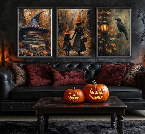 3pcs Halloween Canvas Wall Art Autumn Gothic Witch Books Crow Posters Prints Dark Academia Witch Wall Decor Pictures for Halloween Party House Decoration Unframed in Saudi Arabia