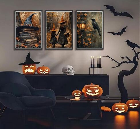 3pcs Halloween Canvas Wall Art Autumn Gothic Witch Books Crow Posters Prints Dark Academia Witch Wall Decor Pictures for Halloween Party House Decoration Unframed in Saudi Arabia
