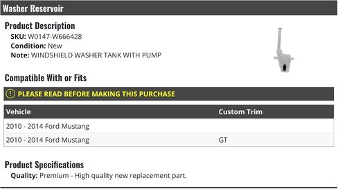 Windshield Washer Reservoir Tank with Pump - Compatible with 2010-2014 Ford Mustang Base and GT in Saudi Arabia