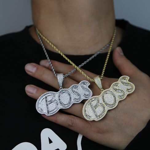 Iced Out Bling CZ Boss Letter Pendant Necklaces for Men Women Boy in Saudi Arabia