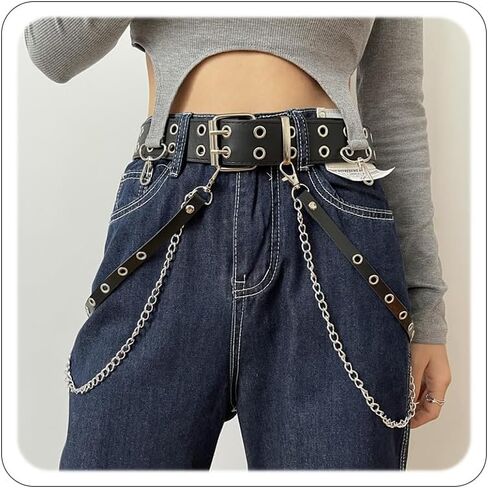 حزام على شكل سلسلة للنساء رصع أحزمة السراويل سلسلة القوطية بولي Leather الجلود الخصر سلسلة ايمو حزام الجرونج Y2k هالوين مجوهرات in Kuwait