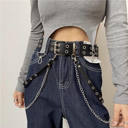 حزام على شكل سلسلة للنساء رصع أحزمة السراويل سلسلة القوطية بولي Leather الجلود الخصر سلسلة ايمو حزام الجرونج Y2k هالوين مجوهرات in Kuwait