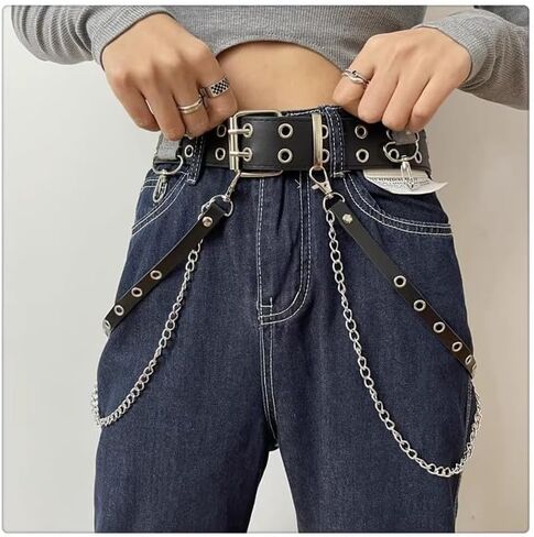 حزام على شكل سلسلة للنساء رصع أحزمة السراويل سلسلة القوطية بولي Leather الجلود الخصر سلسلة ايمو حزام الجرونج Y2k هالوين مجوهرات in Kuwait