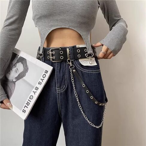 حزام على شكل سلسلة للنساء رصع أحزمة السراويل سلسلة القوطية بولي Leather الجلود الخصر سلسلة ايمو حزام الجرونج Y2k هالوين مجوهرات in Kuwait