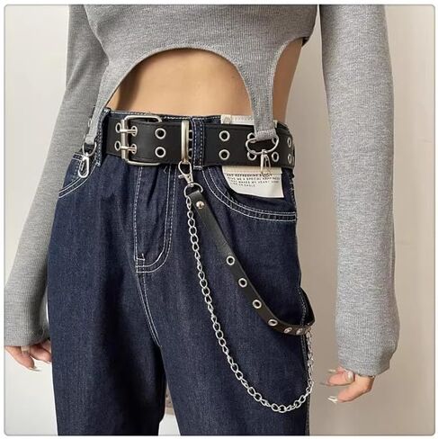حزام على شكل سلسلة للنساء رصع أحزمة السراويل سلسلة القوطية بولي Leather الجلود الخصر سلسلة ايمو حزام الجرونج Y2k هالوين مجوهرات in Kuwait