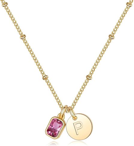 M MOOHAM Birthstone Initial Necklace for Women - Personalized Birthday Gift for Women Her Mom Grandma Wife Sister Birthstone Initial Pendant Necklaces Disc Letter A-Z Necklace in Kuwait