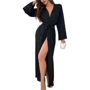 OYOANGLE Womens Long Robes Kimono Elegant Lightweight Knit V Neck Bathrobe Soft Sleepwear Casual Bath Robe in Kuwait