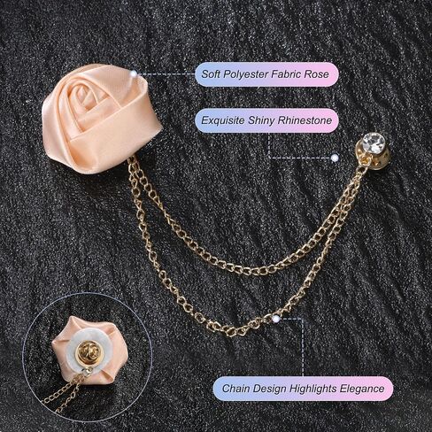Rose Flower Brooch Pin for Men Suit, Cloth Handmade Flower Lapel Pin with Gold Badge Tassel Chain Brooches in Saudi Arabia