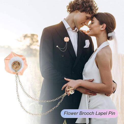 Rose Flower Brooch Pin for Men Suit, Cloth Handmade Flower Lapel Pin with Gold Badge Tassel Chain Brooches in Saudi Arabia