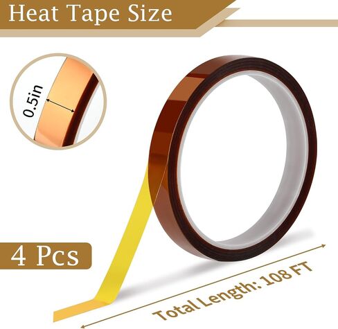 Heat Tape, 4 Rolls High Temperature Heat Resistant Tape, Adhesive Heat Tape for Sublimation, Heat Press, Electronics, Soldering, Circuit Board, 10mm x33m(108ft) in Kuwait