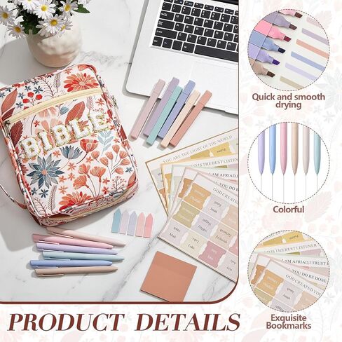 20 Pcs Bible Journaling Kit Include Letter Bible Cover for Women with Bible Tabs 6 Highlighters 6 Colored Gel Pen No Bleed Sticky Tabs, Bible Case Tote Bag with Handle for Study Supplies Gifts in Saudi Arabia