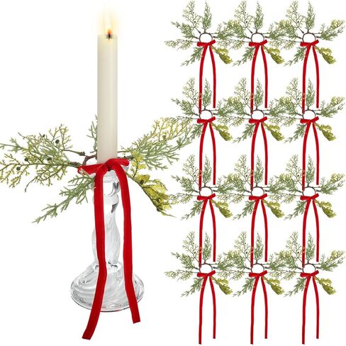 12 Pcs Christmas Pine Taper Candle Rings Wreaths with Velvet Bow Ribbon 1.38 Inch Mini Taper Candle Holder Decorations for Xmas Holiday Church Home Table Centerpiece Candlesticks (Burgundy) in Saudi Arabia