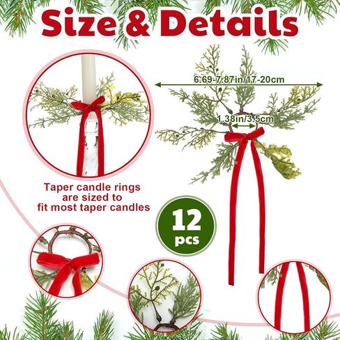 12 Pcs Christmas Pine Taper Candle Rings Wreaths with Velvet Bow Ribbon 1.38 Inch Mini Taper Candle Holder Decorations for Xmas Holiday Church Home Table Centerpiece Candlesticks (Burgundy) in Saudi Arabia