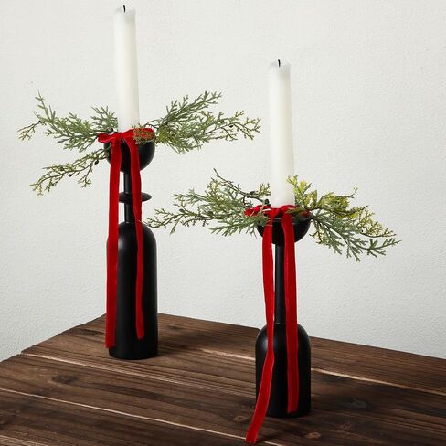12 Pcs Christmas Pine Taper Candle Rings Wreaths with Velvet Bow Ribbon 1.38 Inch Mini Taper Candle Holder Decorations for Xmas Holiday Church Home Table Centerpiece Candlesticks (Burgundy) in Saudi Arabia