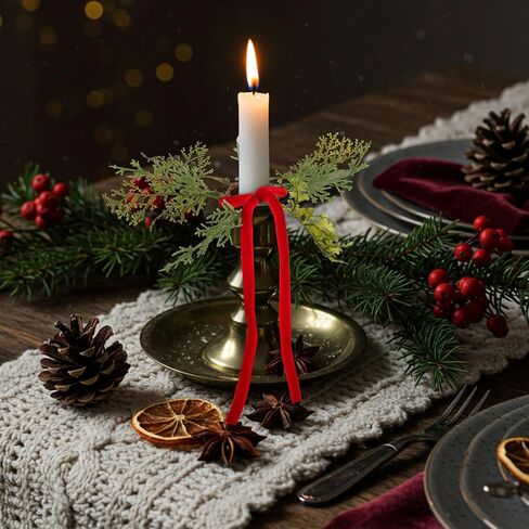 12 Pcs Christmas Pine Taper Candle Rings Wreaths with Velvet Bow Ribbon 1.38 Inch Mini Taper Candle Holder Decorations for Xmas Holiday Church Home Table Centerpiece Candlesticks (Burgundy) in Saudi Arabia