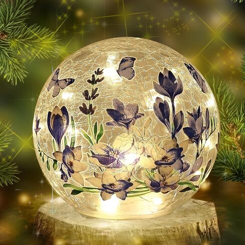 Sphere Glass Crystal Lamp (Timer – Auto 6 Hours On) Featuring Blue Flowers and Green Grass Designs, Decorative Glass Light Craft LED Light for Home Decor in Saudi Arabia