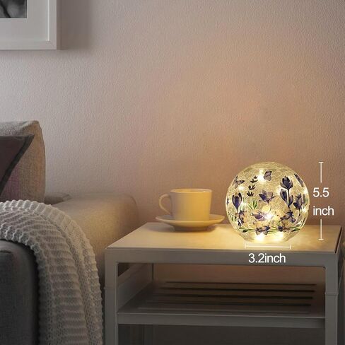 Sphere Glass Crystal Lamp (Timer – Auto 6 Hours On) Featuring Blue Flowers and Green Grass Designs, Decorative Glass Light Craft LED Light for Home Decor in Saudi Arabia