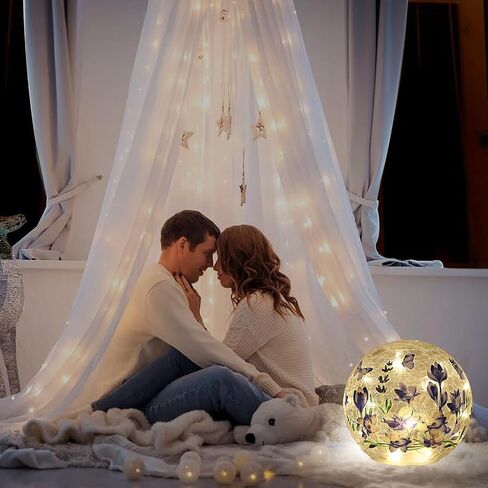 Sphere Glass Crystal Lamp (Timer – Auto 6 Hours On) Featuring Blue Flowers and Green Grass Designs, Decorative Glass Light Craft LED Light for Home Decor in Saudi Arabia