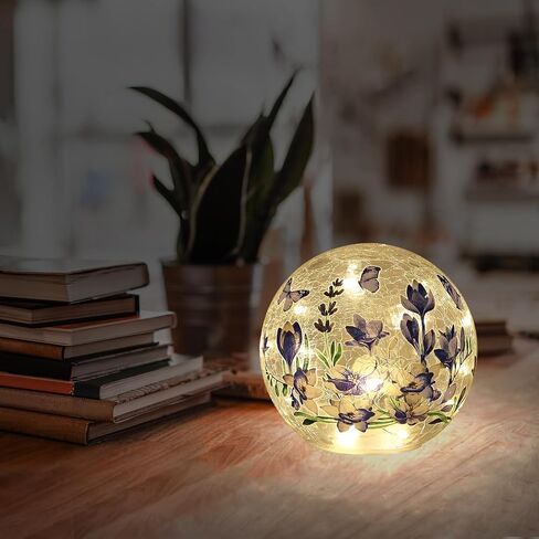 Sphere Glass Crystal Lamp (Timer – Auto 6 Hours On) Featuring Blue Flowers and Green Grass Designs, Decorative Glass Light Craft LED Light for Home Decor in Saudi Arabia
