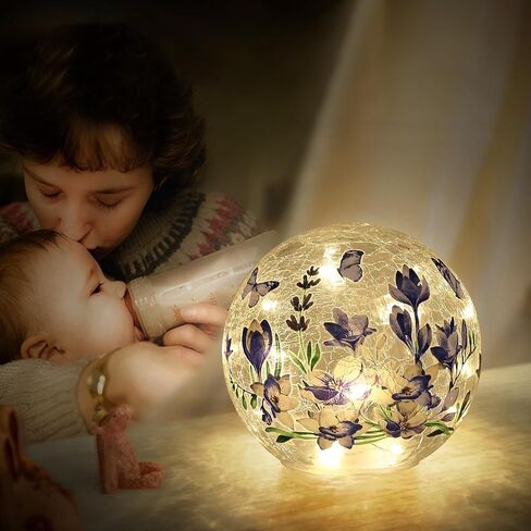 Sphere Glass Crystal Lamp (Timer – Auto 6 Hours On) Featuring Blue Flowers and Green Grass Designs, Decorative Glass Light Craft LED Light for Home Decor in Saudi Arabia