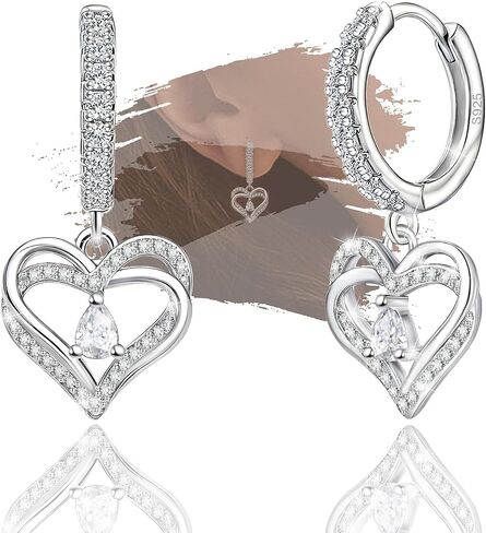 Sterling Silver Heart Earrings for Women - Cubic Zirconia Double Heart Shaped Hoop Earrings Hypoallergenic for Sensitive Ears Classic Love Loop Jewelry Gifts for Wife Mom in Saudi Arabia
