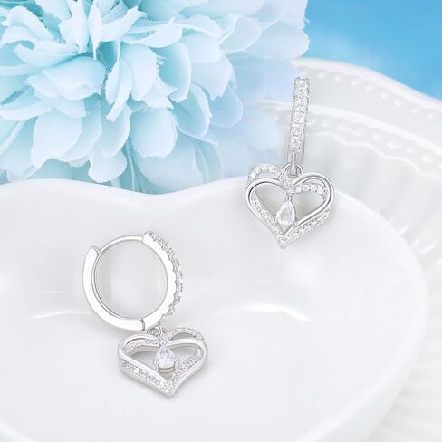 Sterling Silver Heart Earrings for Women - Cubic Zirconia Double Heart Shaped Hoop Earrings Hypoallergenic for Sensitive Ears Classic Love Loop Jewelry Gifts for Wife Mom in Saudi Arabia