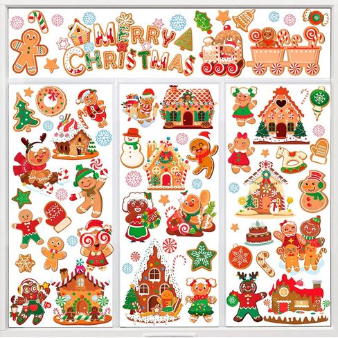 HOWAF 9 Sheet Merry Christmas Gingerbread Window Clings Stickers, Xmas Ginger Bread Man Candy Cane House Window Decals,Gingerbread House Decals for Winter Xmas Holiday Party School Office Decoration in Saudi Arabia