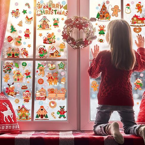 HOWAF 9 Sheet Merry Christmas Gingerbread Window Clings Stickers, Xmas Ginger Bread Man Candy Cane House Window Decals,Gingerbread House Decals for Winter Xmas Holiday Party School Office Decoration in Saudi Arabia