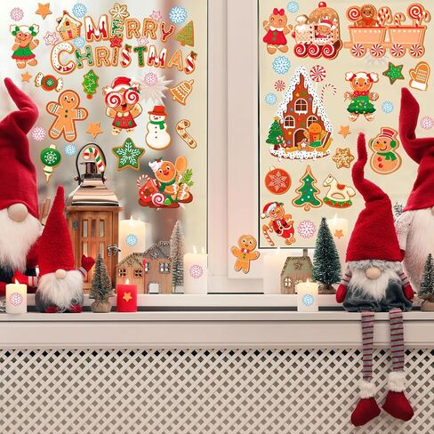 HOWAF 9 Sheet Merry Christmas Gingerbread Window Clings Stickers, Xmas Ginger Bread Man Candy Cane House Window Decals,Gingerbread House Decals for Winter Xmas Holiday Party School Office Decoration in Saudi Arabia