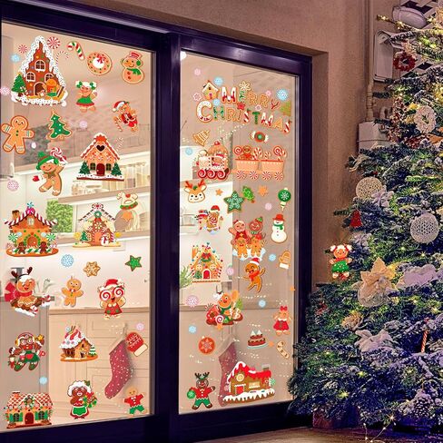 HOWAF 9 Sheet Merry Christmas Gingerbread Window Clings Stickers, Xmas Ginger Bread Man Candy Cane House Window Decals,Gingerbread House Decals for Winter Xmas Holiday Party School Office Decoration in Saudi Arabia