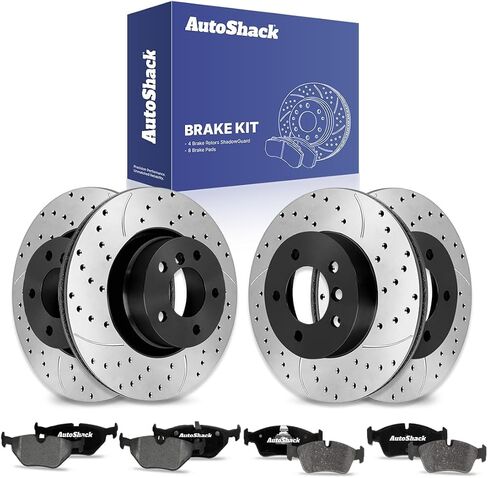 AutoShack Front & Rear Drilled & Slotted Brake Rotors Ceramic Brake Pads | Replacement for BMW 323i 328i 328Ci 323Ci 2001-2005 325i 2001-2006 325Ci RWD | E-Coated | 12-PC Brake Kit | ShadowGuard in Saudi Arabia