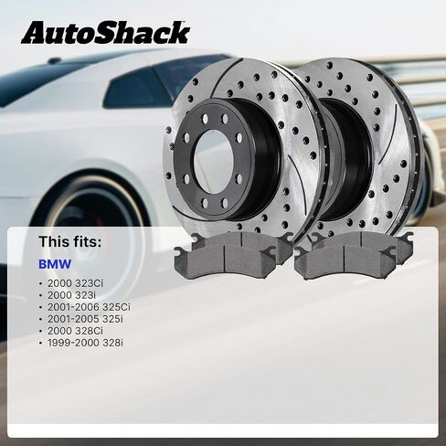AutoShack Front & Rear Drilled & Slotted Brake Rotors Ceramic Brake Pads | Replacement for BMW 323i 328i 328Ci 323Ci 2001-2005 325i 2001-2006 325Ci RWD | E-Coated | 12-PC Brake Kit | ShadowGuard in Saudi Arabia