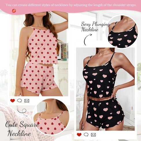Zando Cute Pajama Sets for Women- 2 Piece Strawberry Print Summer Cami Top and Shorts Pj Set Sexy Pajamas in Saudi Arabia