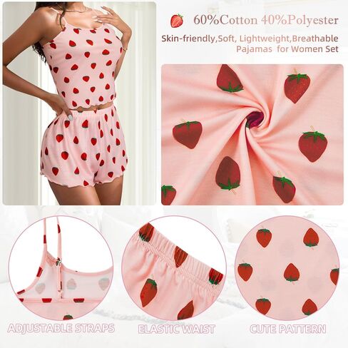 Zando Cute Pajama Sets for Women- 2 Piece Strawberry Print Summer Cami Top and Shorts Pj Set Sexy Pajamas in Saudi Arabia